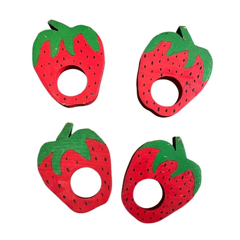 Set Of 4 Vintage Hand-Painted Wooden Strawberry Napkin Rings Rustic Table Decor